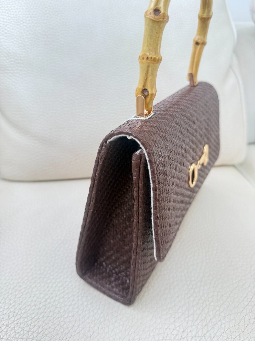 NWT Tommy Bahama Woven Raffia Bamboo Handle Satchel Crossbody bag brown - Picture 2 of 6